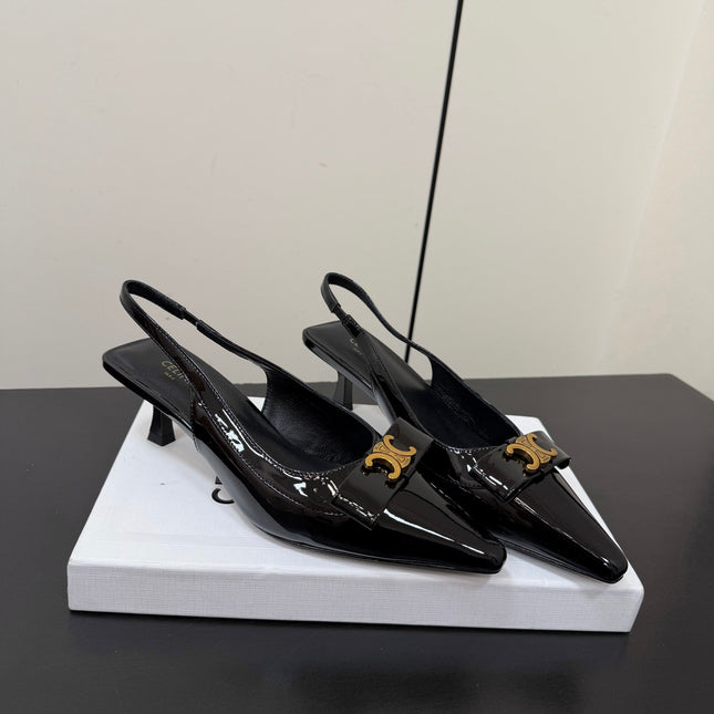 CELINE 26S TRIOMPHE SLINGBACK PUMPS IN BLACK PATENT CALFSKIN GOLD HARDWARE