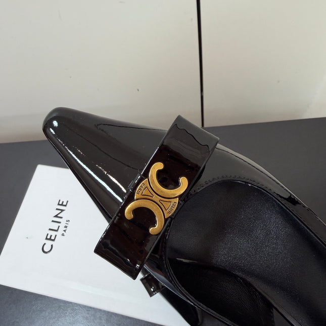 CELINE 26S TRIOMPHE SLINGBACK PUMPS IN BLACK PATENT CALFSKIN GOLD HARDWARE