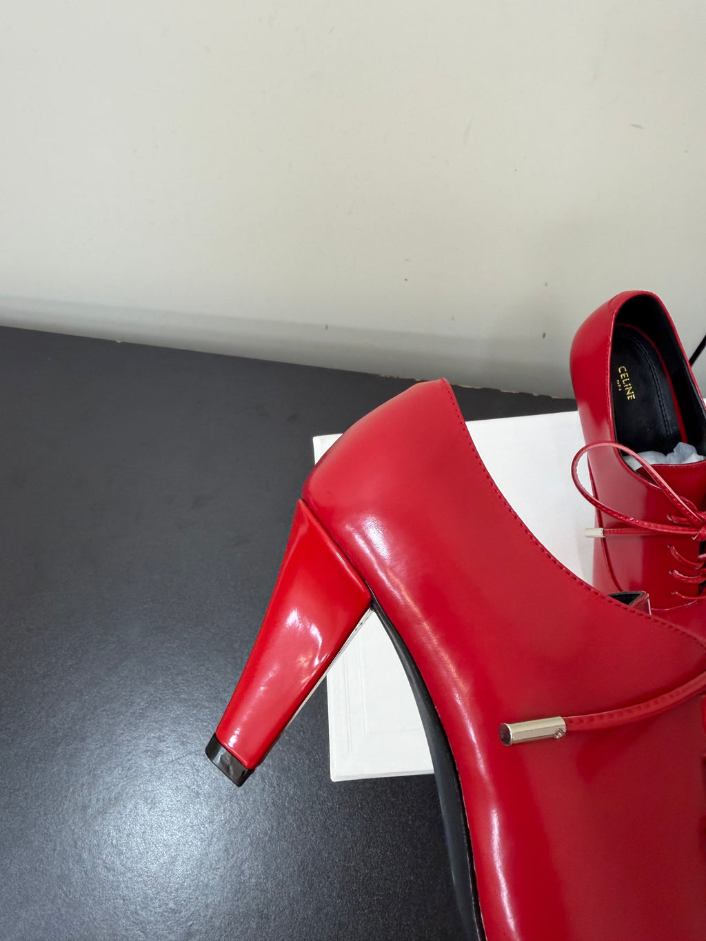 CELINE 26S LACE UP POINTED TOE PUMPS IN DARK RED PATENT CALFSKIN