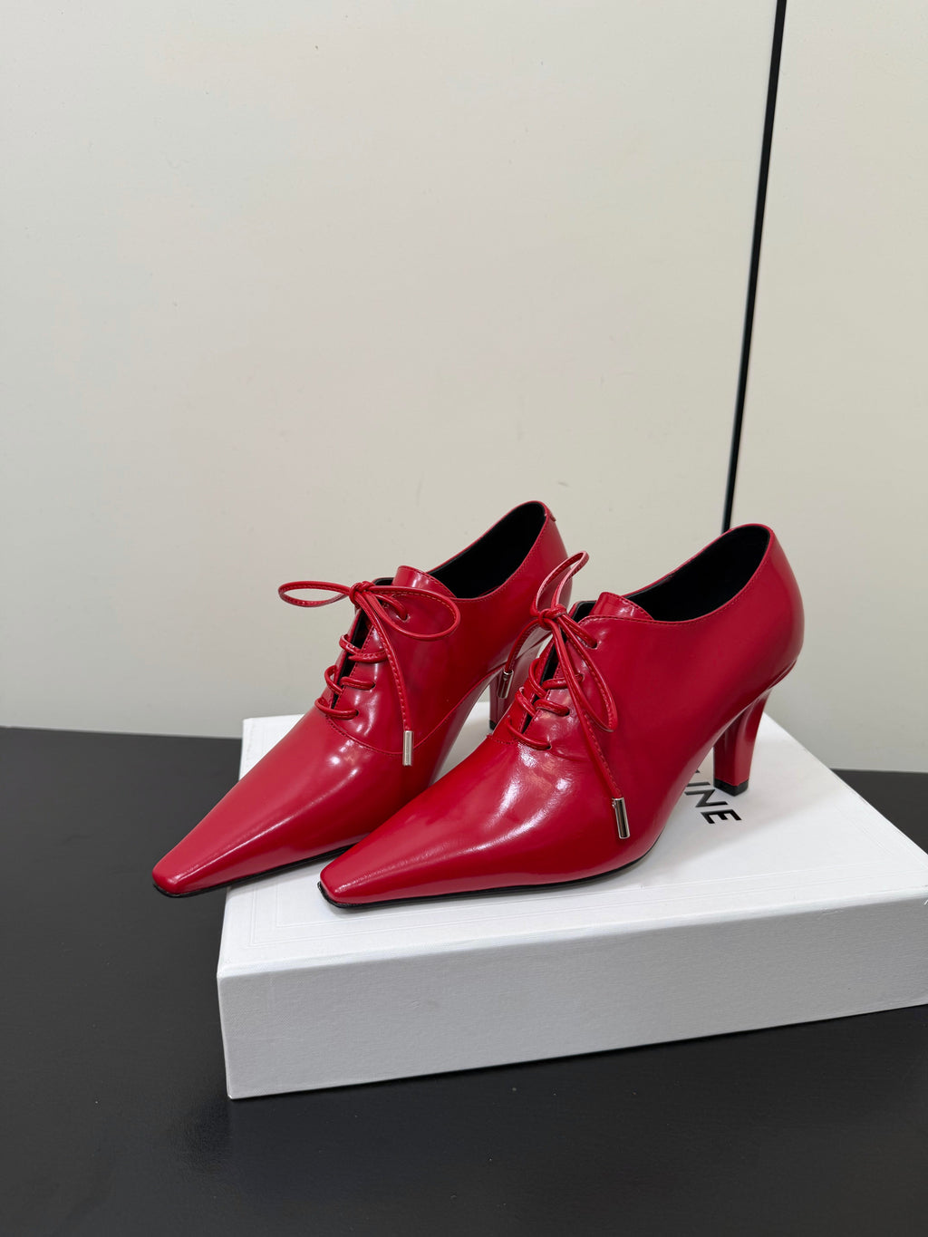 CELINE 26S LACE UP POINTED TOE PUMPS IN DARK RED PATENT CALFSKIN
