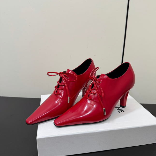 CELINE 26S LACE UP POINTED TOE PUMPS IN DARK RED PATENT CALFSKIN