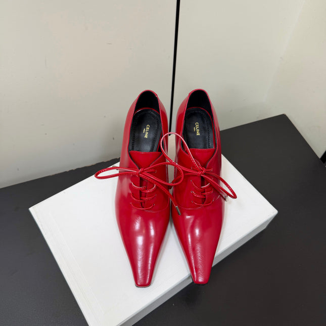 CELINE 26S LACE UP POINTED TOE PUMPS IN DARK RED PATENT CALFSKIN