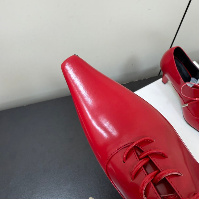 CELINE 26S LACE UP POINTED TOE PUMPS IN DARK RED PATENT CALFSKIN