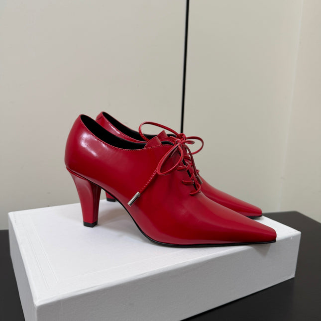 CELINE 26S LACE UP POINTED TOE PUMPS IN DARK RED PATENT CALFSKIN