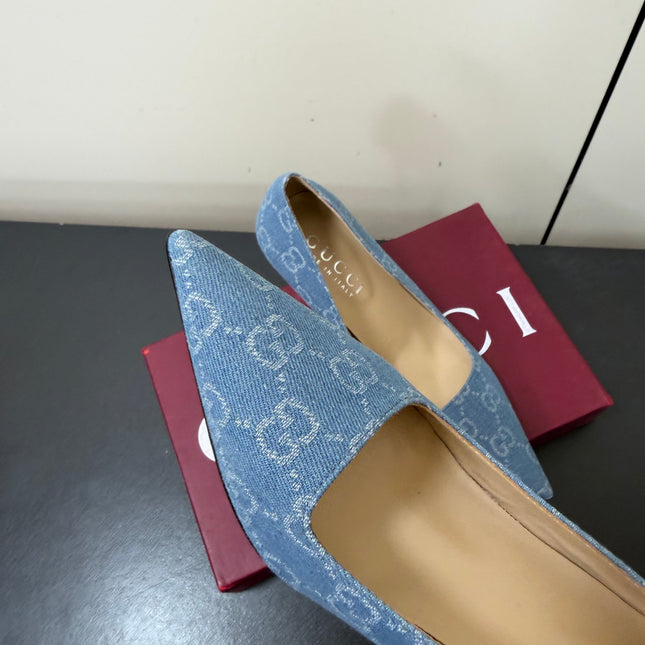 GUCCI 26S POINTED TOE PUMPS 85MM IN LIGHT BLUE DENIM GG MONOGRAM
