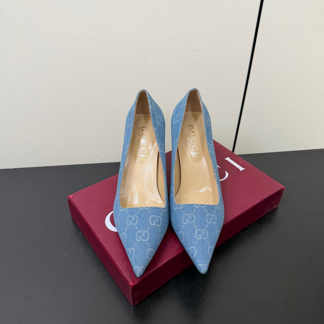 GUCCI 26S POINTED TOE PUMPS 85MM IN LIGHT BLUE DENIM GG MONOGRAM