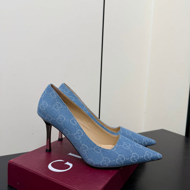 GUCCI 26S POINTED TOE PUMPS 85MM IN LIGHT BLUE DENIM GG MONOGRAM