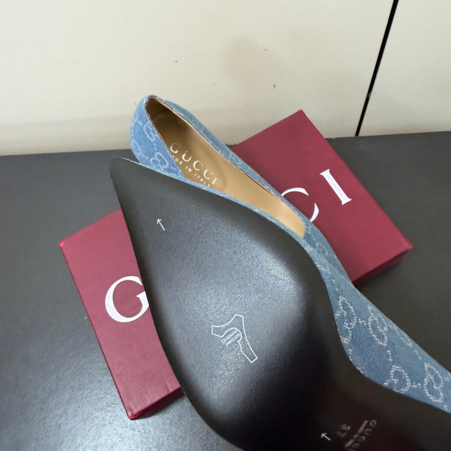 GUCCI 26S POINTED TOE PUMPS 85MM IN LIGHT BLUE DENIM GG MONOGRAM