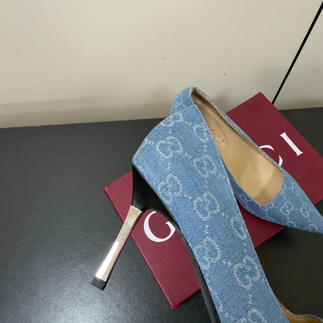 GUCCI 26S POINTED TOE PUMPS 85MM IN LIGHT BLUE DENIM GG MONOGRAM