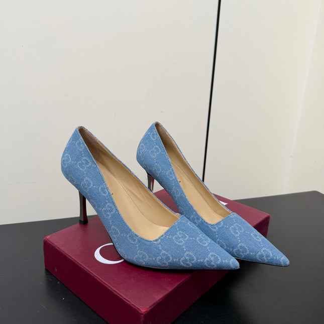 GUCCI 26S POINTED TOE PUMPS 85MM IN LIGHT BLUE DENIM GG MONOGRAM