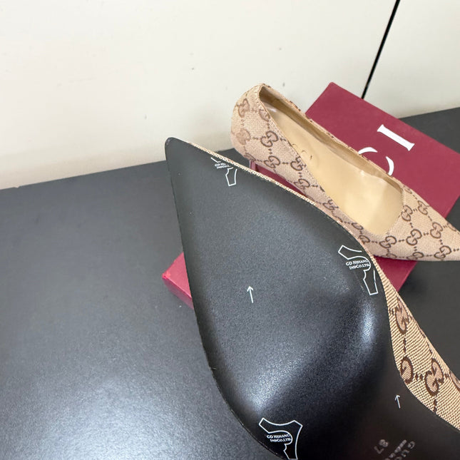 GUCCI 26S POINTED TOE PUMPS 85MM IN BEIGE BROWN CANVAS GG MONOGRAM