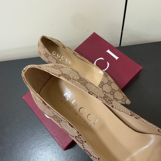 GUCCI 26S POINTED TOE PUMPS 85MM IN BEIGE BROWN CANVAS GG MONOGRAM