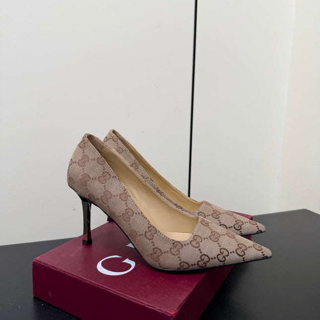 GUCCI 26S POINTED TOE PUMPS 85MM IN BEIGE BROWN CANVAS GG MONOGRAM