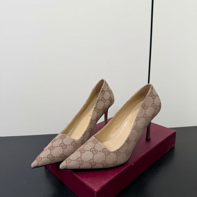 GUCCI 26S POINTED TOE PUMPS 85MM IN BEIGE BROWN CANVAS GG MONOGRAM