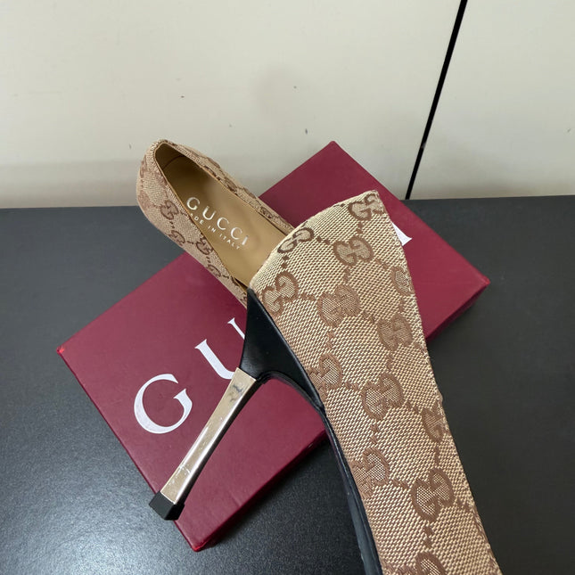 GUCCI 26S POINTED TOE PUMPS 85MM IN BEIGE BROWN CANVAS GG MONOGRAM