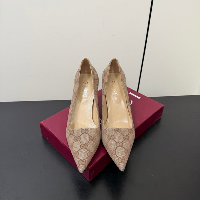GUCCI 26S POINTED TOE PUMPS 85MM IN BEIGE BROWN CANVAS GG MONOGRAM