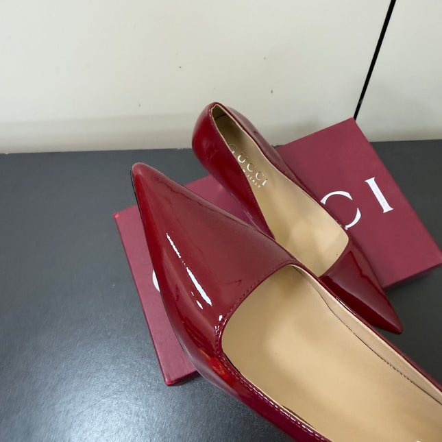 GUCCI 26S POINTED TOE PUMPS 85MM IN BURGUNDY RED PATENT CALFSKIN