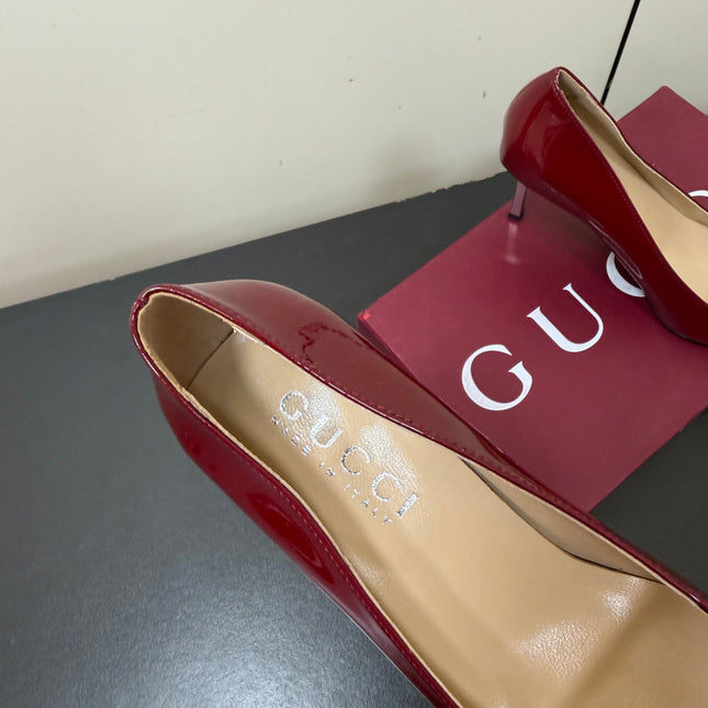 GUCCI 26S POINTED TOE PUMPS 85MM IN BURGUNDY RED PATENT CALFSKIN
