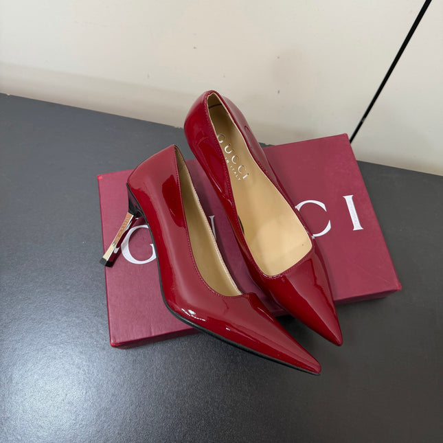GUCCI 26S POINTED TOE PUMPS 85MM IN BURGUNDY RED PATENT CALFSKIN