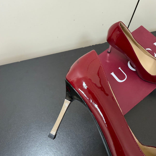 GUCCI 26S POINTED TOE PUMPS 85MM IN BURGUNDY RED PATENT CALFSKIN