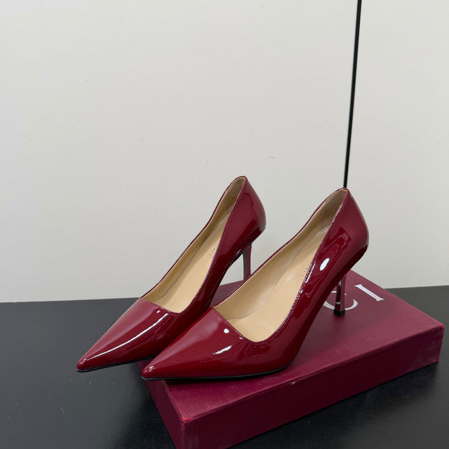GUCCI 26S POINTED TOE PUMPS 85MM IN BURGUNDY RED PATENT CALFSKIN