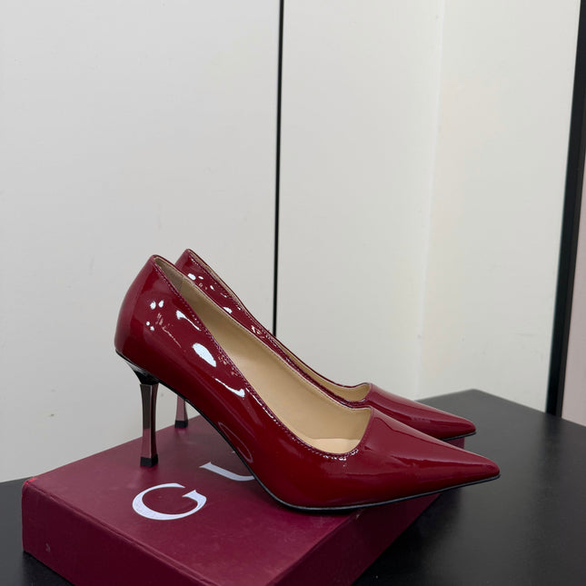 GUCCI 26S POINTED TOE PUMPS 85MM IN BURGUNDY RED PATENT CALFSKIN