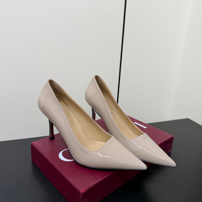 GUCCI 26S POINTED TOE PUMPS 85MM IN BEIGE PATENT CALFSKIN
