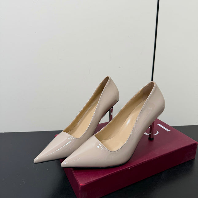 GUCCI 26S POINTED TOE PUMPS 85MM IN BEIGE PATENT CALFSKIN