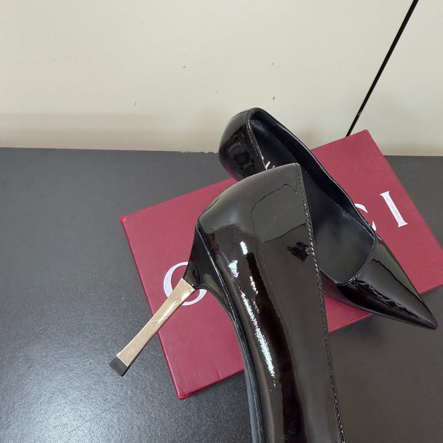 GUCCI 26S POINTED TOE PUMPS 85MM IN BLACK PATENT CALFSKIN