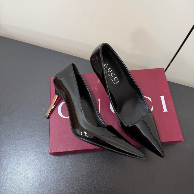 GUCCI 26S POINTED TOE PUMPS 85MM IN BLACK PATENT CALFSKIN