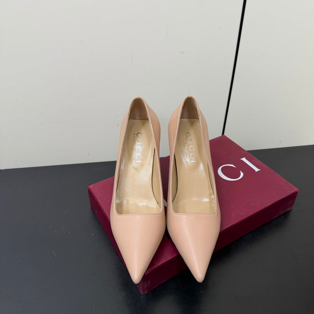 GUCCI 26S POINTED TOE PUMPS 85MM IN NUDE BEIGE CALFSKIN