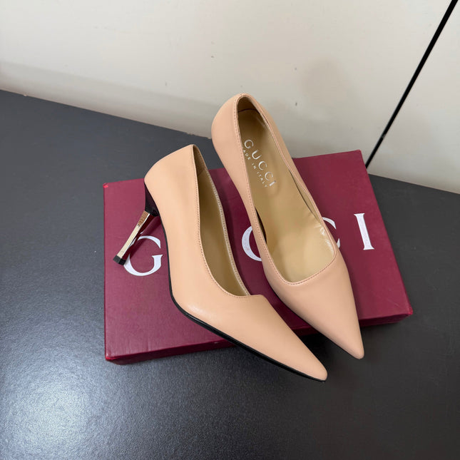 GUCCI 26S POINTED TOE PUMPS 85MM IN NUDE BEIGE CALFSKIN