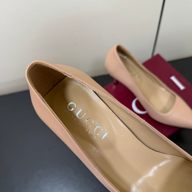 GUCCI 26S POINTED TOE PUMPS 85MM IN NUDE BEIGE CALFSKIN