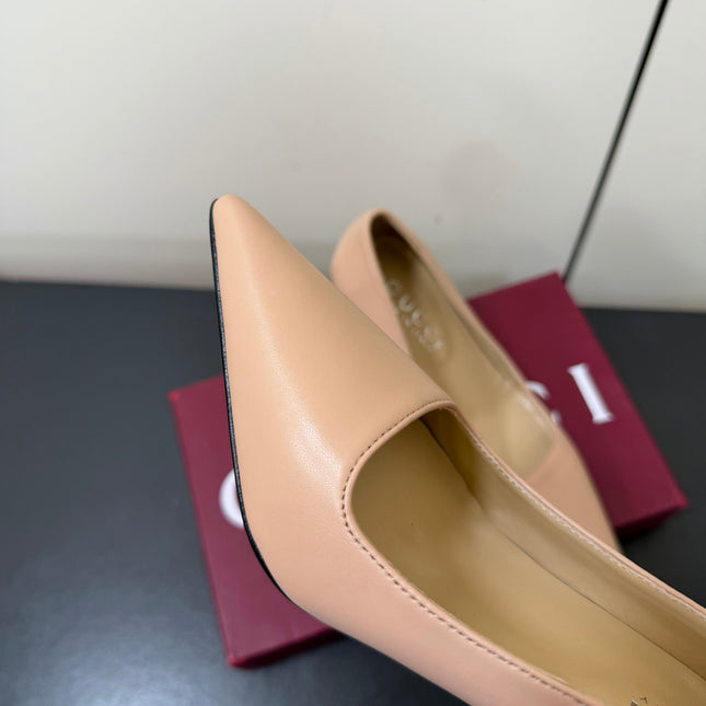 GUCCI 26S POINTED TOE PUMPS 85MM IN NUDE BEIGE CALFSKIN