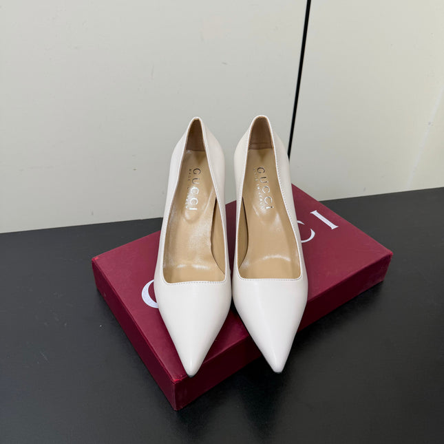 GUCCI 26S POINTED TOE PUMPS 85MM IN WHITE CALFSKIN