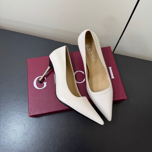 GUCCI 26S POINTED TOE PUMPS 85MM IN WHITE CALFSKIN