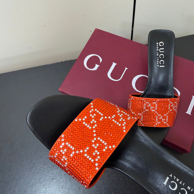 GUCCI 26S MULE SANDALS 85MM IN ORANGE SATIN CRYSTAL GG