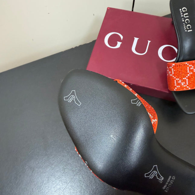GUCCI 26S MULE SANDALS 85MM IN ORANGE SATIN CRYSTAL GG