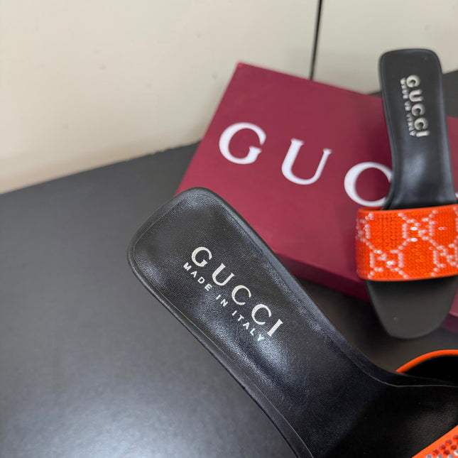 GUCCI 26S MULE SANDALS 85MM IN ORANGE SATIN CRYSTAL GG