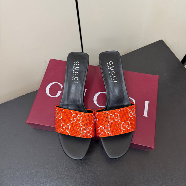 GUCCI 26S MULE SANDALS 55MM IN ORANGE SATIN CRYSTAL GG