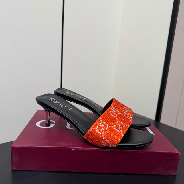 GUCCI 26S MULE SANDALS 55MM IN ORANGE SATIN CRYSTAL GG