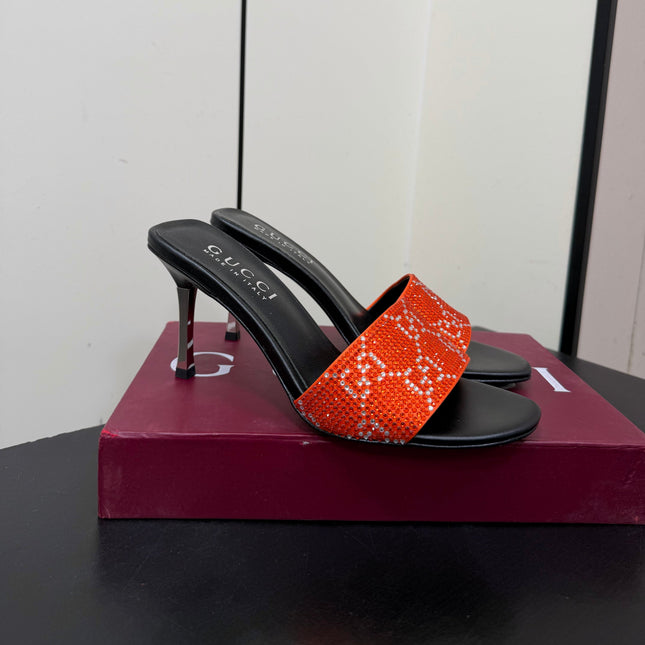 GUCCI 26S MULE SANDALS 85MM IN ORANGE SATIN CRYSTAL GG