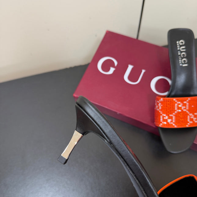 GUCCI 26S MULE SANDALS 55MM IN ORANGE SATIN CRYSTAL GG