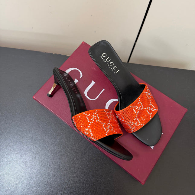 GUCCI 26S MULE SANDALS 55MM IN ORANGE SATIN CRYSTAL GG