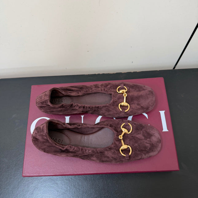 GUCCI 26S BALLET FLATS IN DARK BROWN SUEDE GOLD HARDWARE