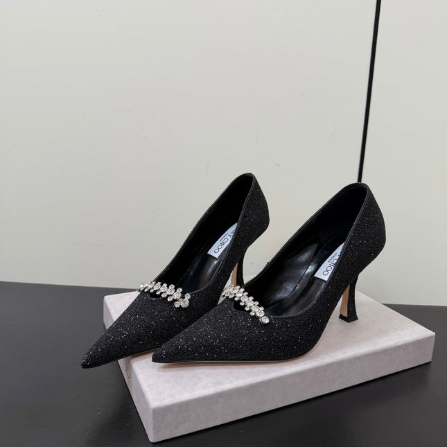 JIMMY CHOO 26S EMBELLISHED HIGH HEELS 90 MM IN BLACK GLITTER