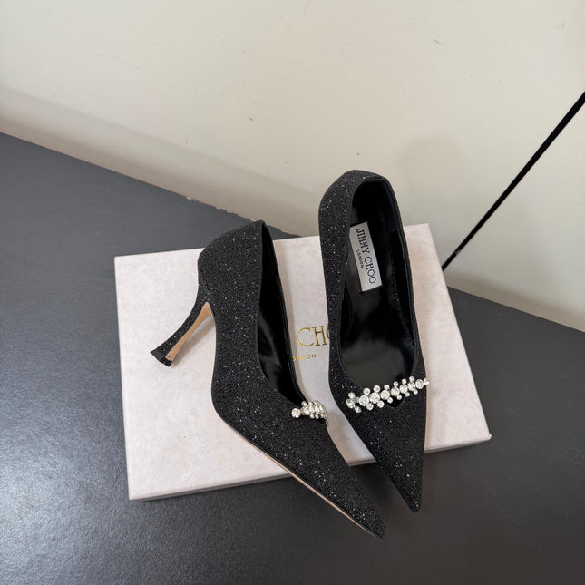 JIMMY CHOO 26S EMBELLISHED HIGH HEELS 90 MM IN BLACK GLITTER