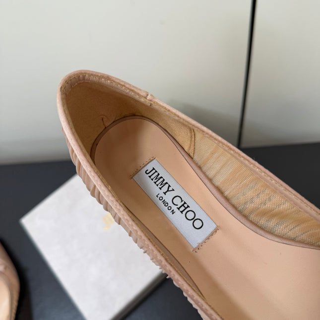 JIMMY CHOO 26S POINTED-TOE FLATS IN NUDE SATIN