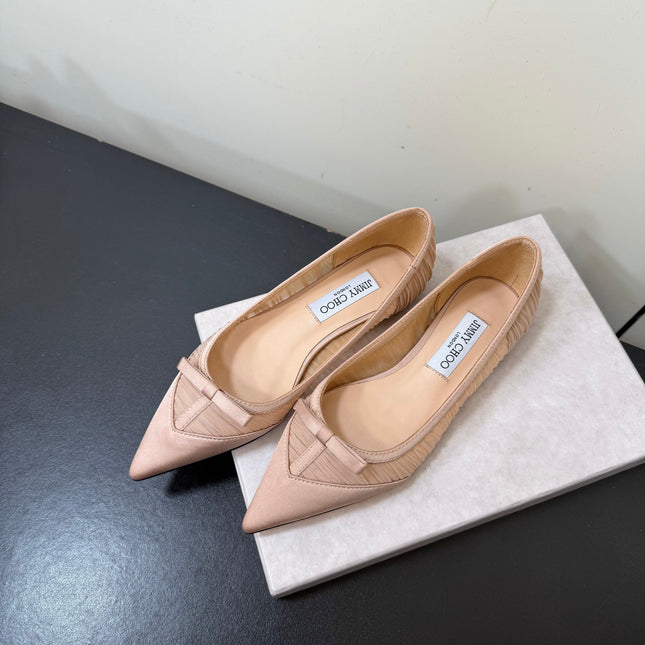 JIMMY CHOO 26S POINTED-TOE FLATS IN NUDE SATIN