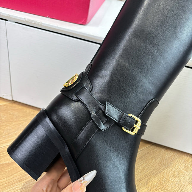 VALENTINO 25S HIGH-CUT SIGNATURE LOGO BOOTS 60 MM IN BLACK CALFSKIN WITH GOLD HARDWARE